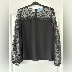 CeCe Lace Sheer Sleeve Black Blouse - Size Small